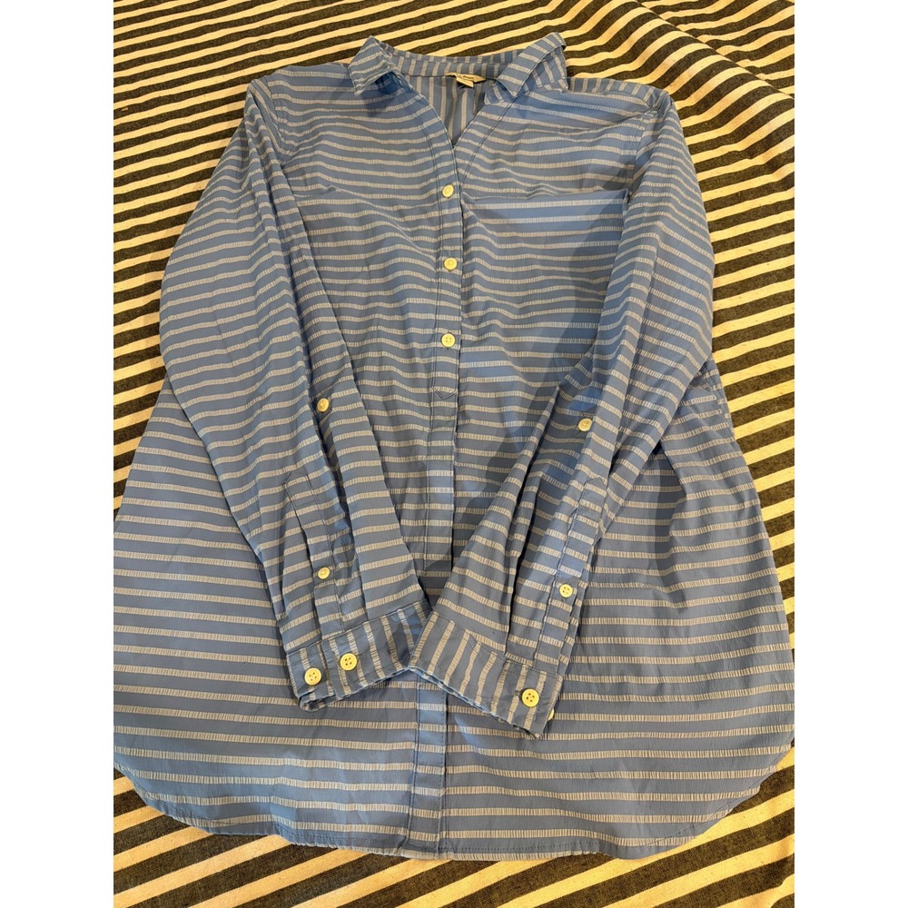 LL Bean Womens Blue White Striped Roll Tab‎ Long Sleeve Button Down Shirt Large